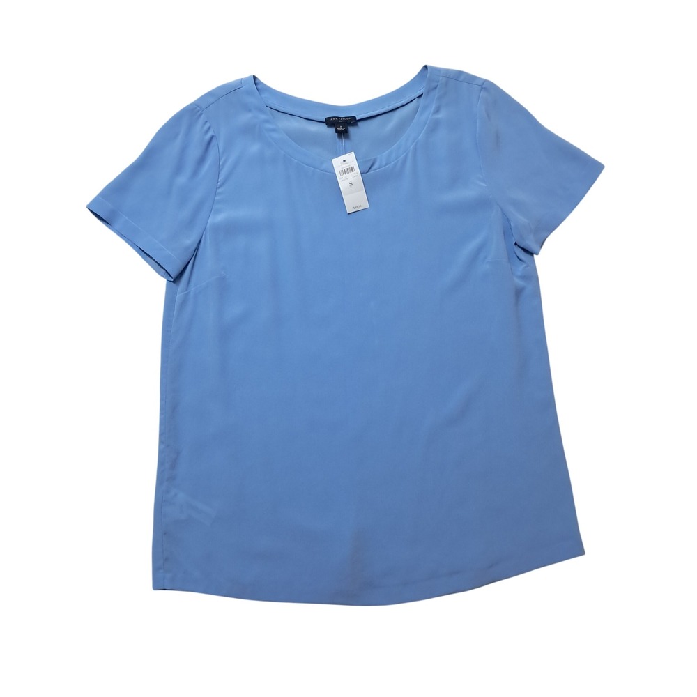 NWT Ann Taylor 100% Silk Top Womens Small Blue Short Sleeve Work Quiet Luxury